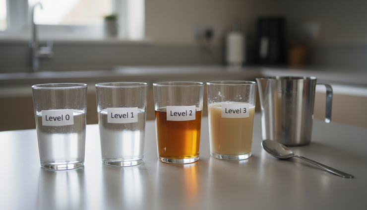 Close-up view of labelled cups with water at different thickness levels