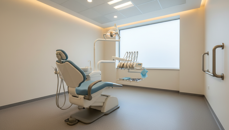 Wide-angle view of a calm dental treatment room prepared for an accessible appointment.