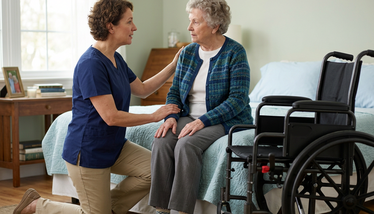 Eye-level view of a caregiver speaking calmly to a person before a bed-to-chair transfer.
