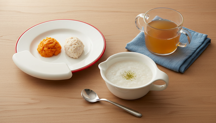 Overhead view of a soft meal served with a plate guard and small spoon
