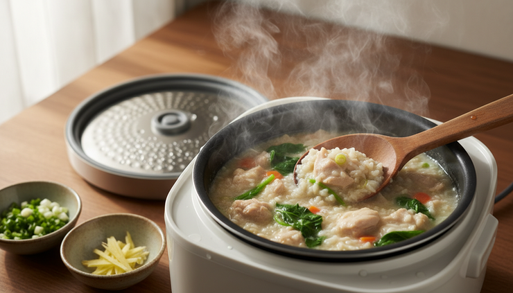Close-up view of a rice cooker steaming a simple porridge with vegetables.