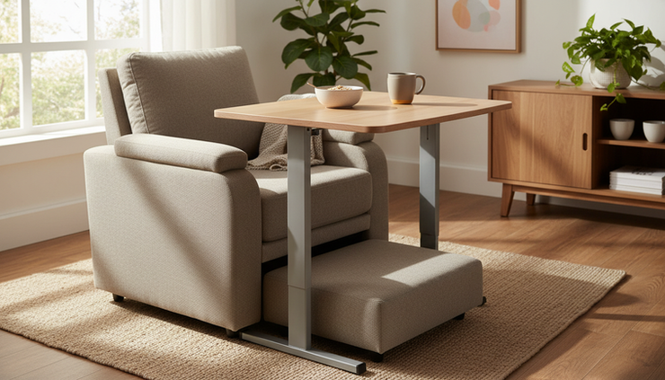 Wide-angle view of an adjustable table placed in front of a supportive dining chair