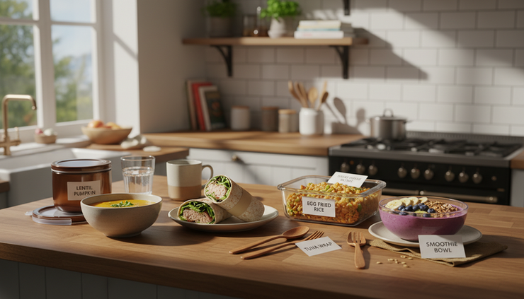 Wide-angle view of a calm kitchen counter with quick caregiver meals ready to serve.