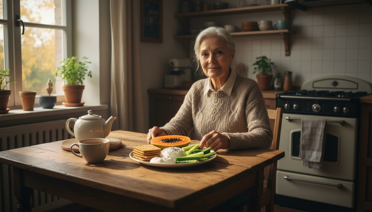 Wide-angle view of a senior enjoying a colourful snack plate at a kitchen table