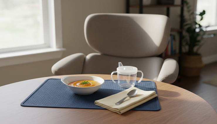 Wide-angle view of a calm home dining setup with dysphagia feeding aids