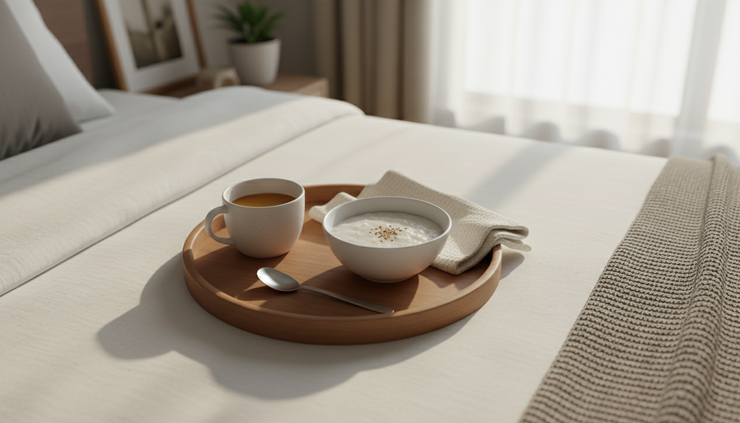 Overhead view of a bedside tray with thickened drink, soft porridge, and a cloth napkin