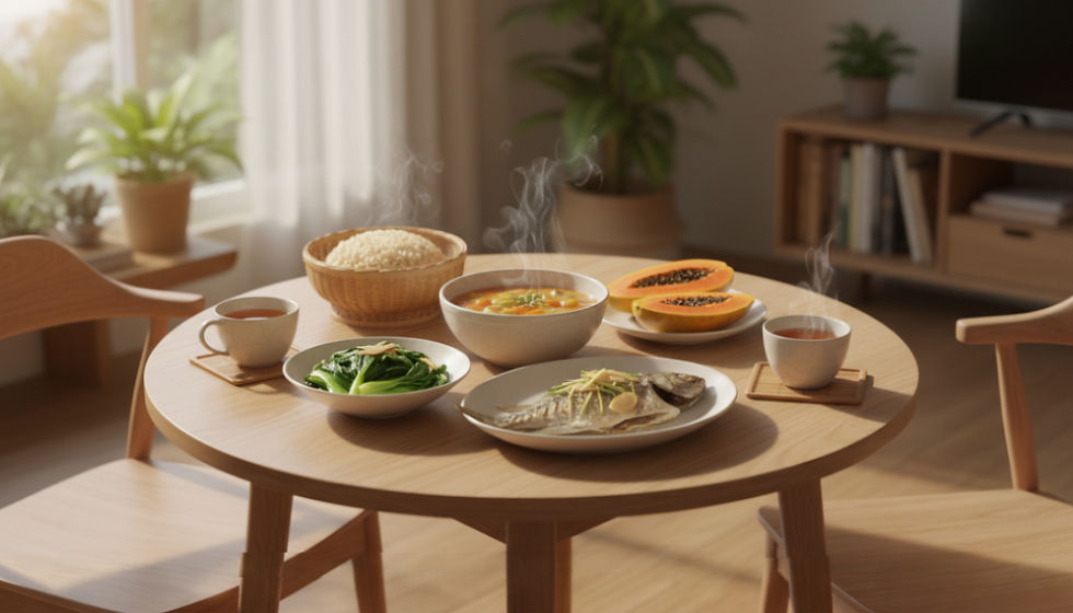 Wide-angle view of a small dining table set with soup, fruit, rice, vegetables, and two cups of tea.
