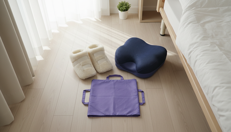 Overhead view of heel protectors and a pressure cushion arranged beside a home care bed.