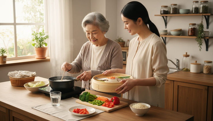 Eye-level view of an elderly person and caregiver preparing a simple meal at home