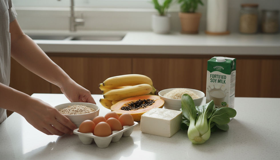 Eye-level view of a caregiver arranging oats, eggs, vegetables, tofu, and fruit on a kitchen counter.