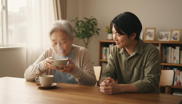 Eye-level view of an older adult sitting calmly at a dining table with a caregiver nearby.
