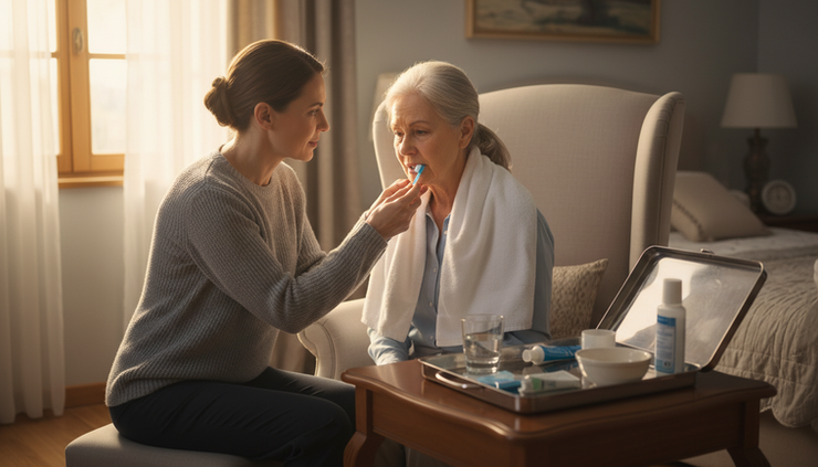 Eye-level view of a caregiver supporting an older adult during gentle oral care at home.