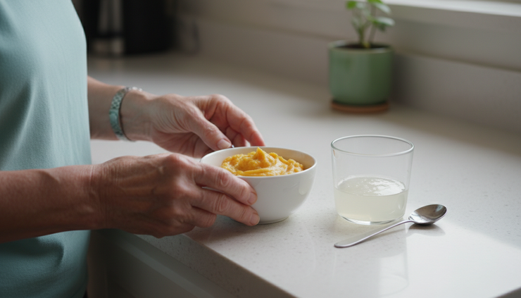 Close-up view of a caregiver preparing soft food and a thickened drink on a kitchen counter.