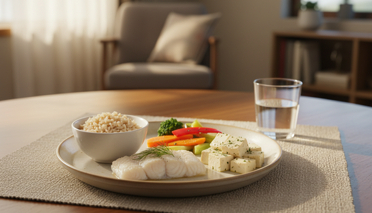 Eye-level view of a senior-friendly meal with fish, tofu, rice, and vegetables