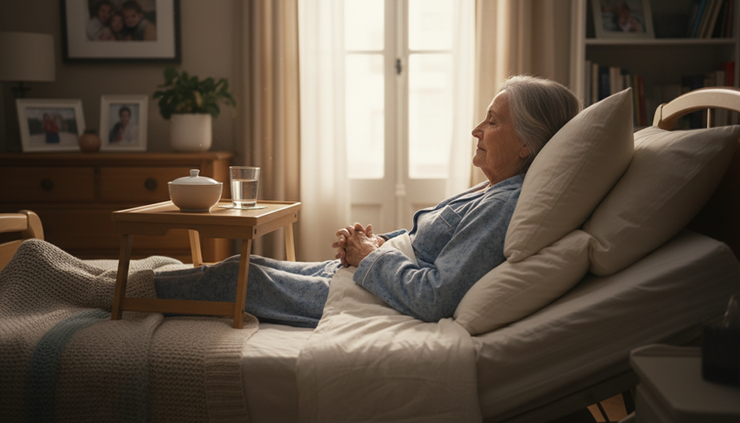 Side view of a person supported upright in a home care bed before eating