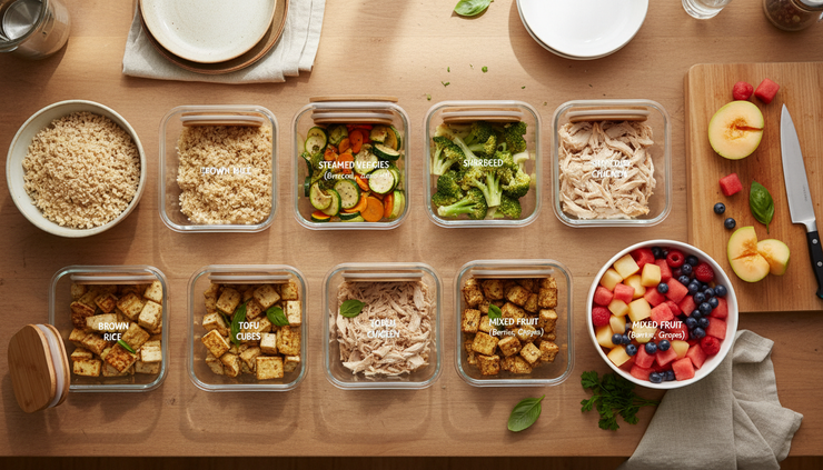 Overhead view of a simple caregiver meal prep setup on a kitchen counter.