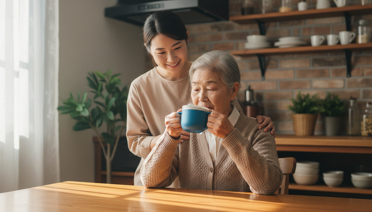 Eye-level view of an older adult using an adapted cup at a kitchen table