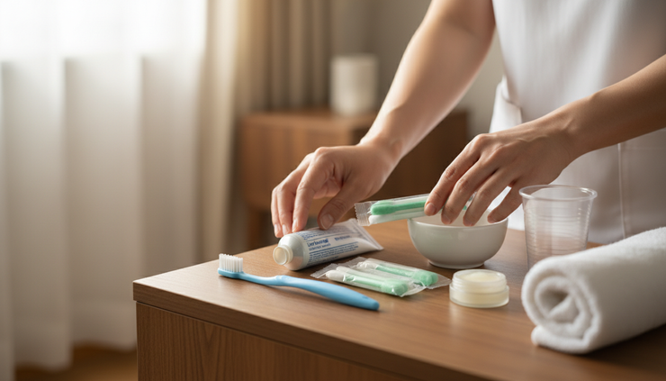 Close-up of a caregiver holding a soft toothbrush near a bedside oral care tray.