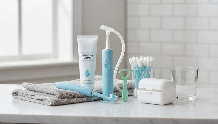 Eye-level view of adaptive oral care tools arranged beside a cup and towel.