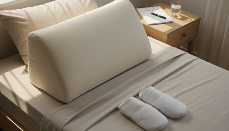 Overhead view of a bedside routine with positioning aids and a care notebook