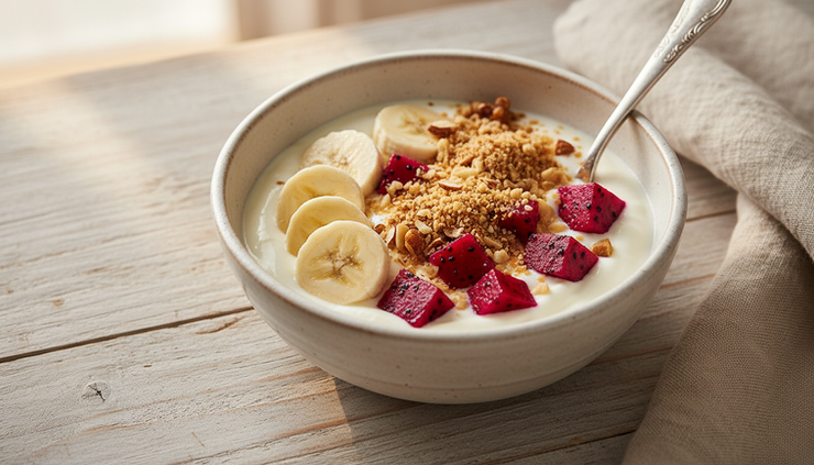 Close-up view of yoghurt topped with banana, dragon fruit, and ground nuts