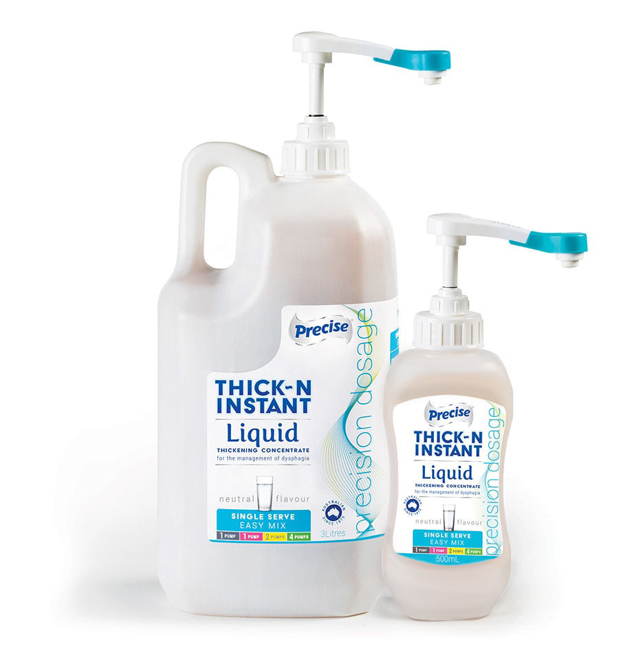 Two white pump bottles of Precise Thick-N Instant Liquid thickening concentrate on a white background, labeled 3 litres and 500ml.