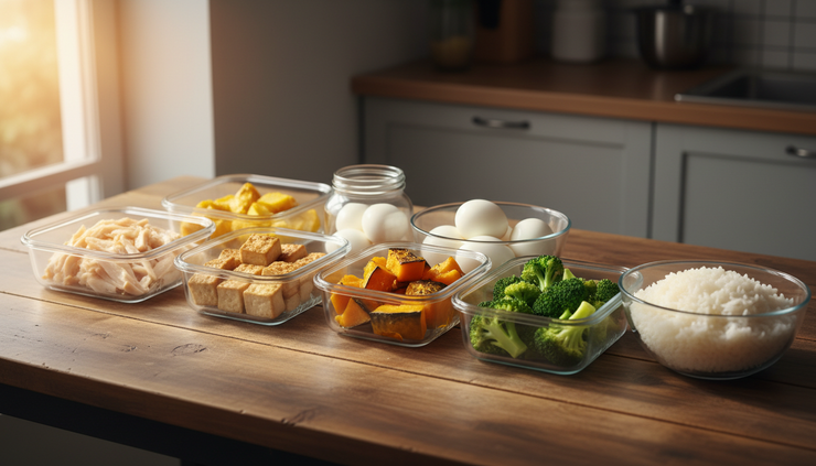 Eye-level view of cooked proteins and vegetables packed in clear containers.