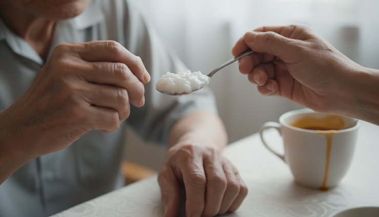 Close-up view of an older hand holding a spoon with soft food during a calm meal.