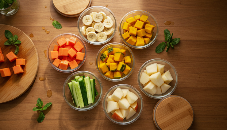 Top-down view of cut fruit and soft vegetables in small containers