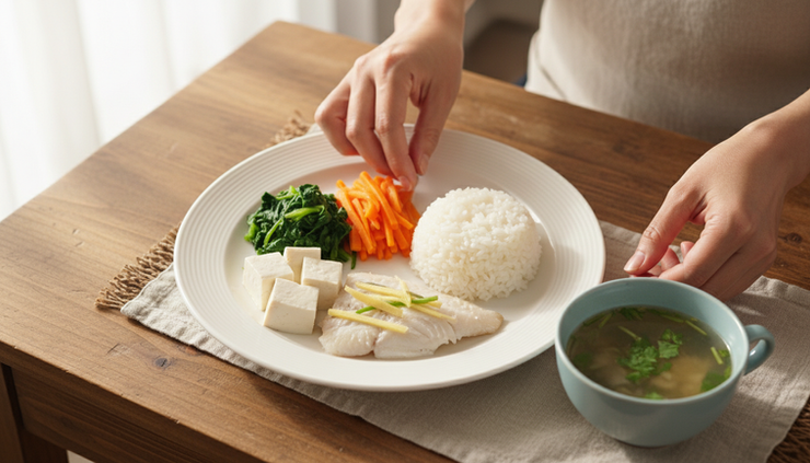 Overhead view of a caregiver arranging soft vegetables, tofu, fish, and rice on a plate