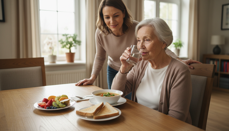 Wide-angle view of an elderly person drinking water beside a light home lunch