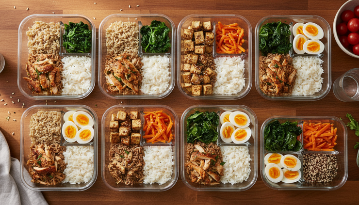 Overhead view of meal prep containers with chicken, tofu, eggs, and vegetables