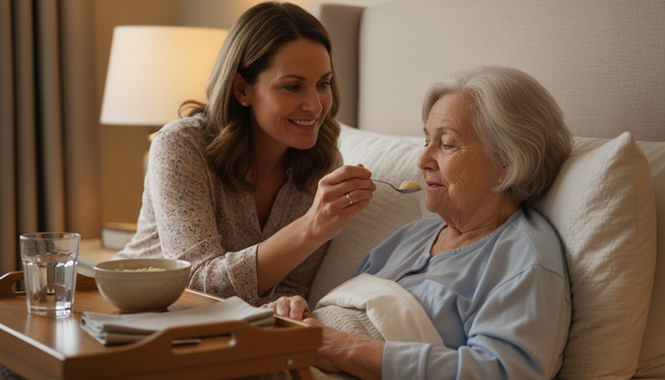 Close-up of a caregiver offering a small spoonful of soft food to a person in bed