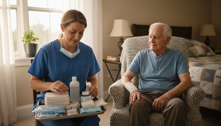Eye-level view of a caregiver preparing clean wound care supplies beside an elderly person at home