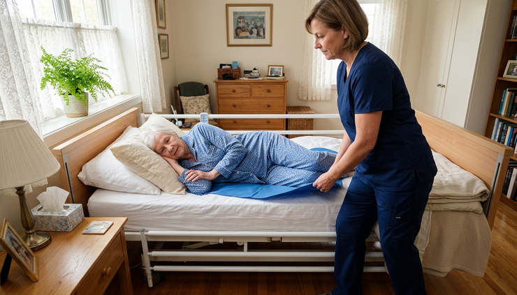 Wide-angle view of a caregiver using a slide sheet to reposition a person in bed.