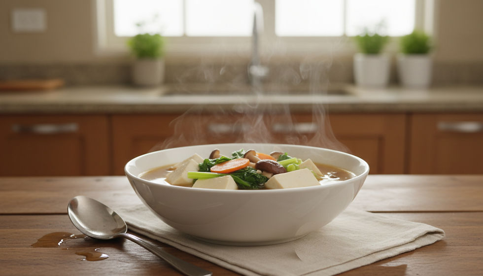 Close-up of soft tofu soup with leafy greens and sliced carrots in a white bowl.