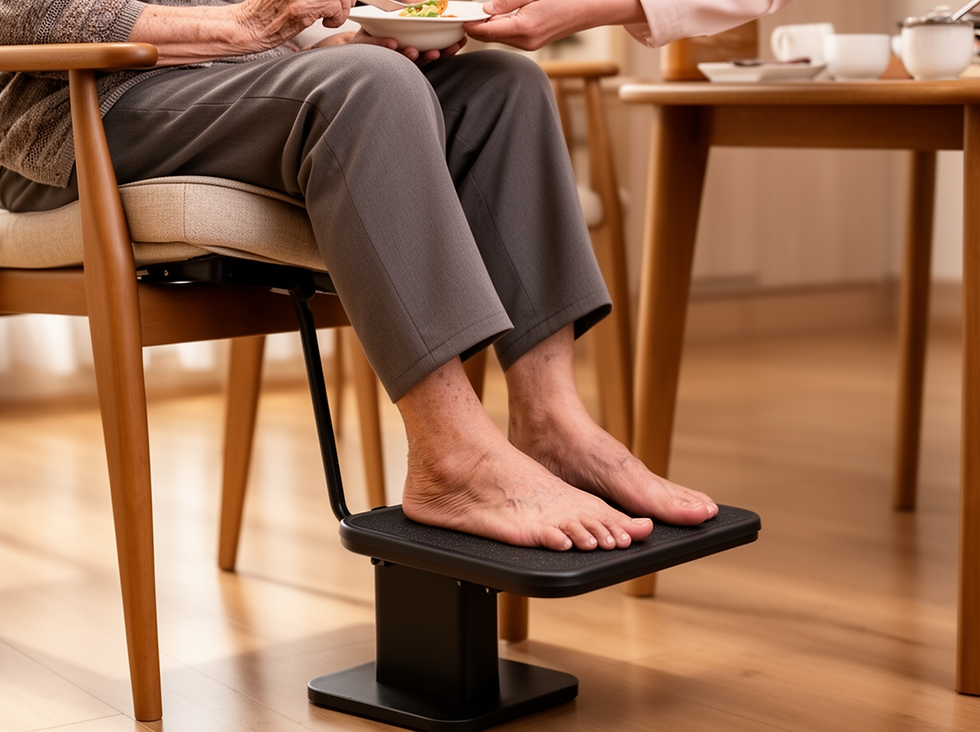 close up of elderly feet on foot rest support beside dining table