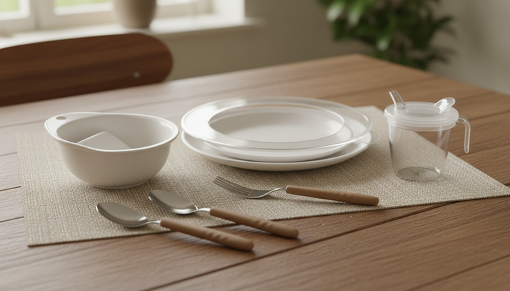 Close-up view of adapted utensils beside a scoop bowl and non-slip mat