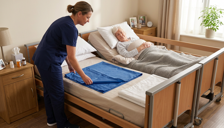 Eye-level view of a caregiver preparing a bedside area before repositioning a person.