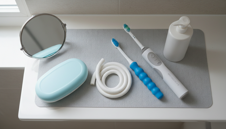 Top-down view of adaptive toothbrush handles and oral care aids on a bathroom shelf.