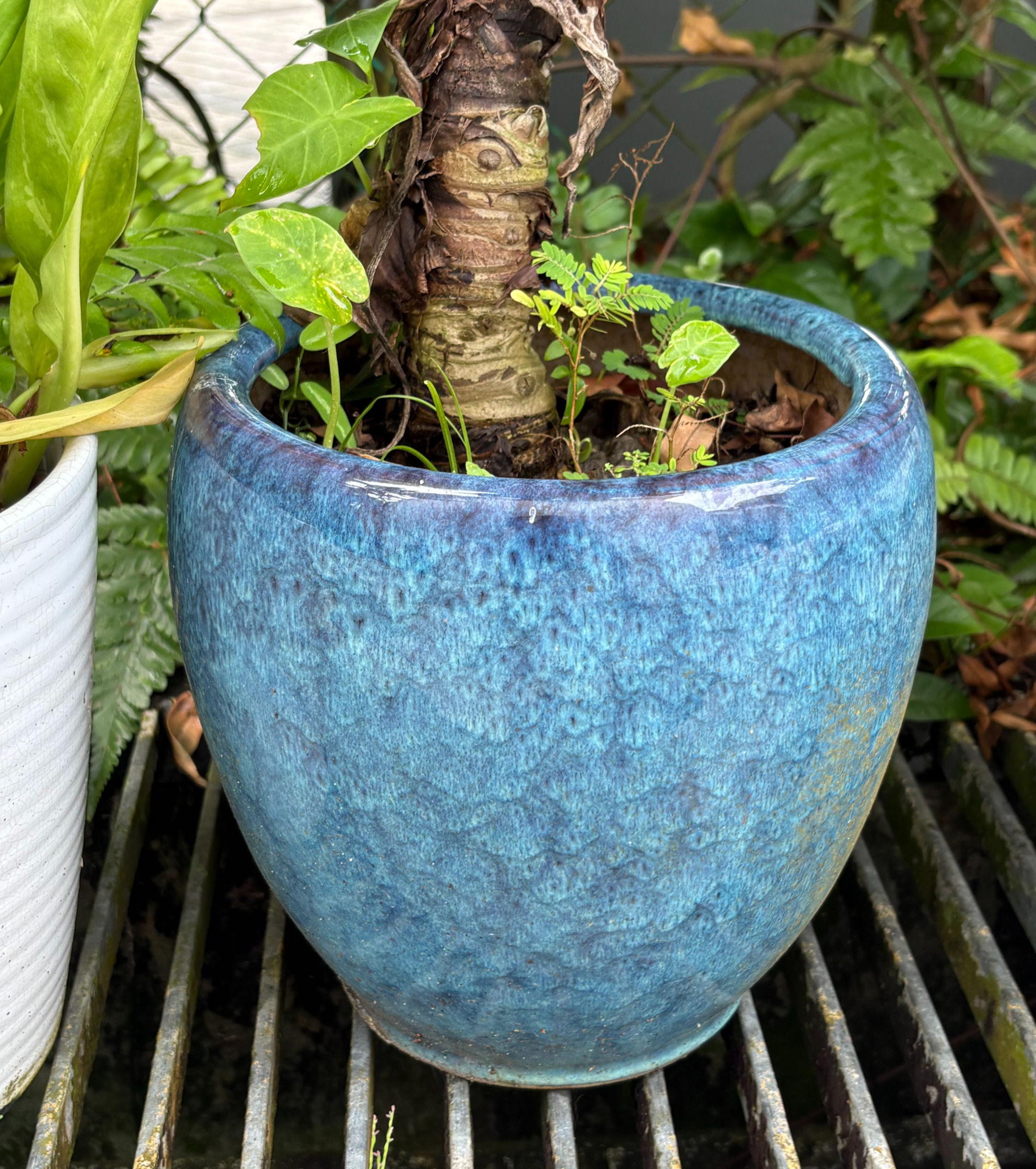 Hand-Painted Heavy Ceramic Azure Blue and Turquoise Medium-to-Large Sized Pot