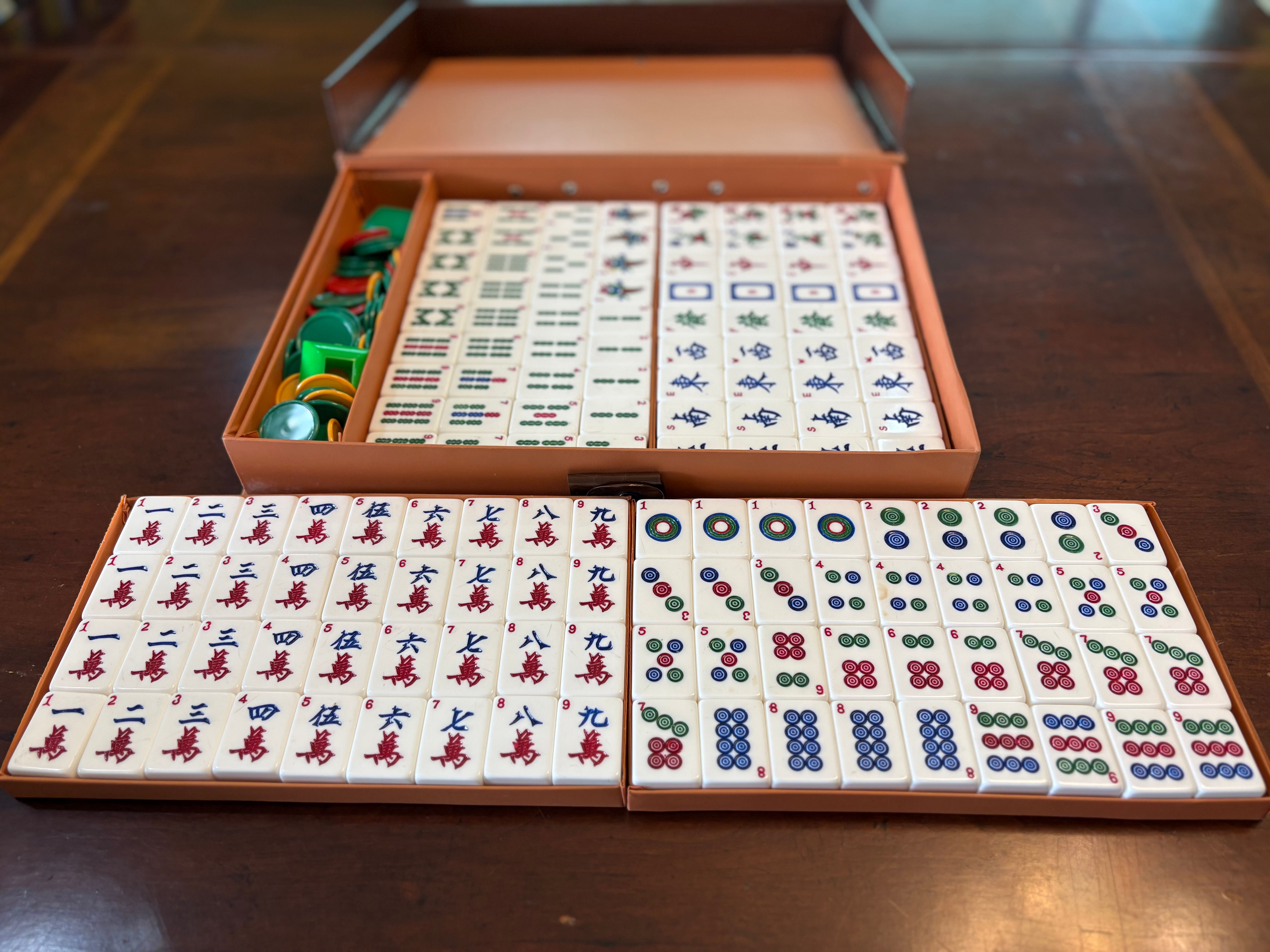 Mahjong Set with Green Tiles in Brown Vinyl Case