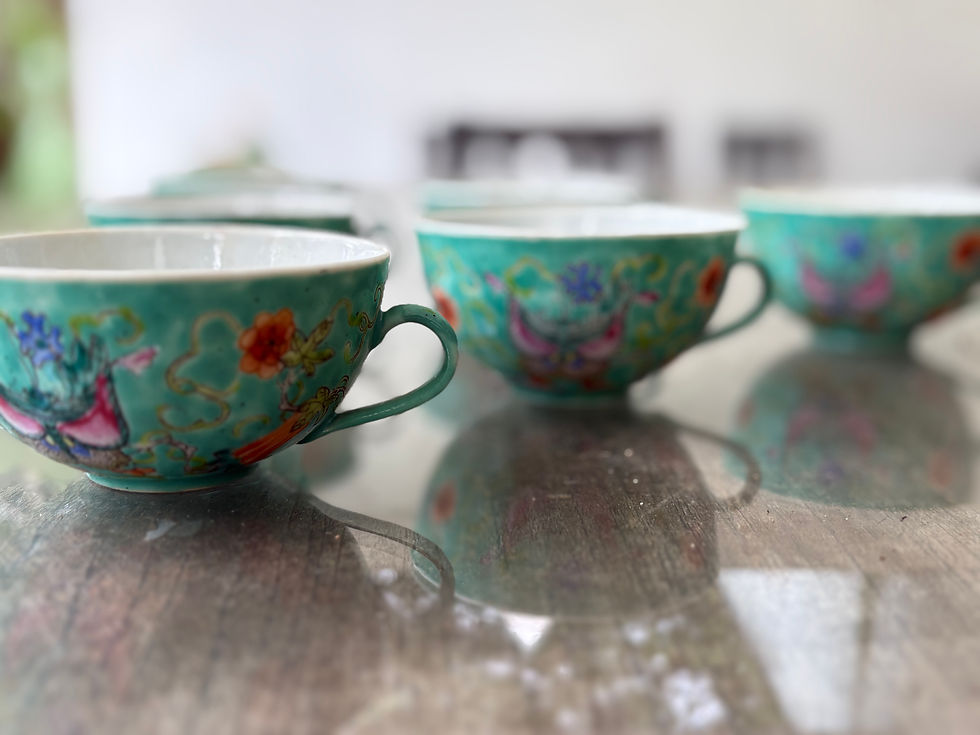 Thumbnail: Early 1900s Antique Chinese Export Turquoise Famille Rose Porcelain Tea Set