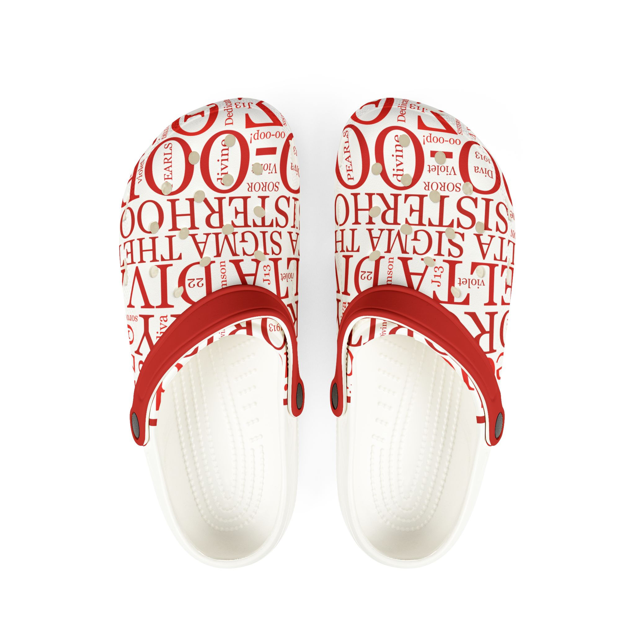 Sigma Gamma Rho word-cloud sandals with red straps