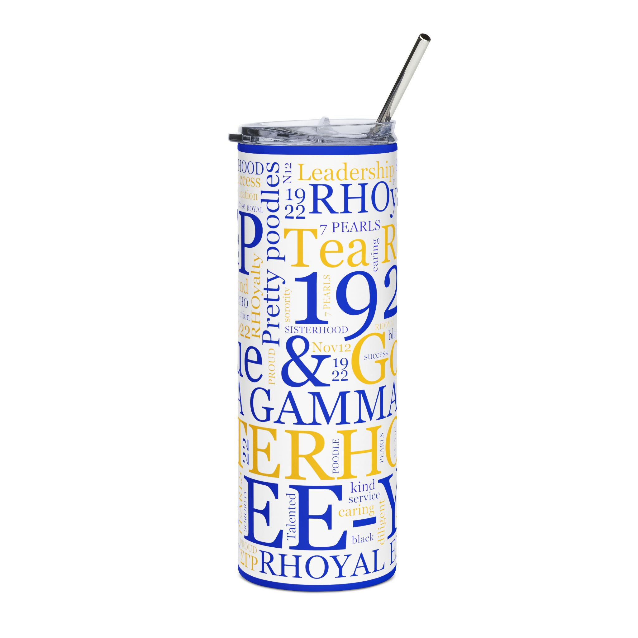 Sigma Gamma Rho inspired blue and gold word-cloud tumbler