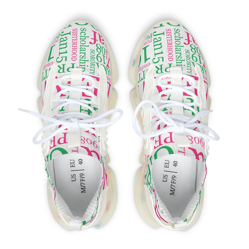 Thumbnail: Pair of white sneakers with green and pink sorority word-cloud design