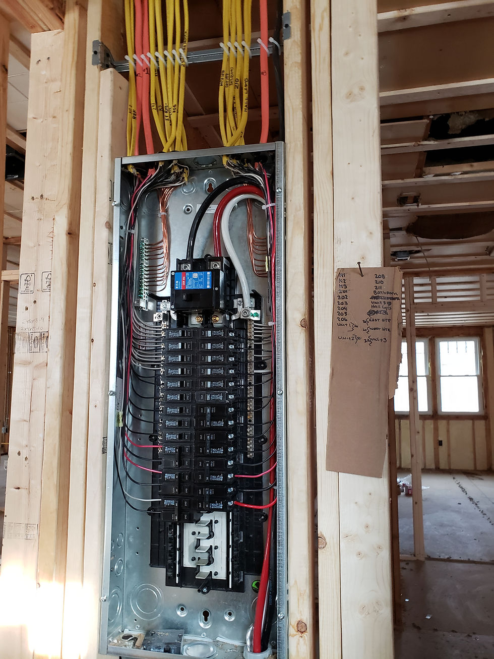 Open electrical panel with organized colored wires