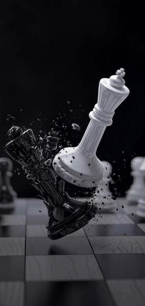 A black and white chess pawn collide dramatically on a chessboard, symbolising breaking outdated habits and embracing strateg