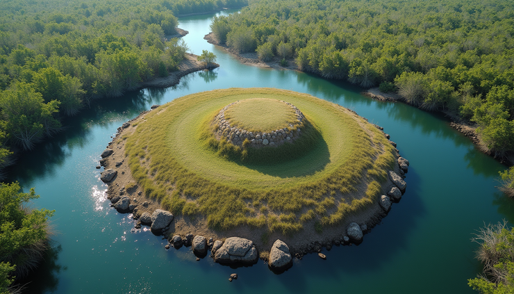 High angle view of ancient Calusa shell mound surrounded by mangroves