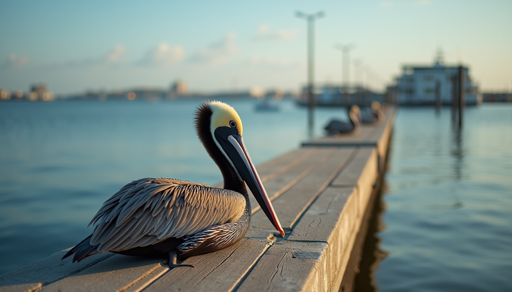 High angle view of a Brown Pelican resting on a pier in Punta Gorda harbor